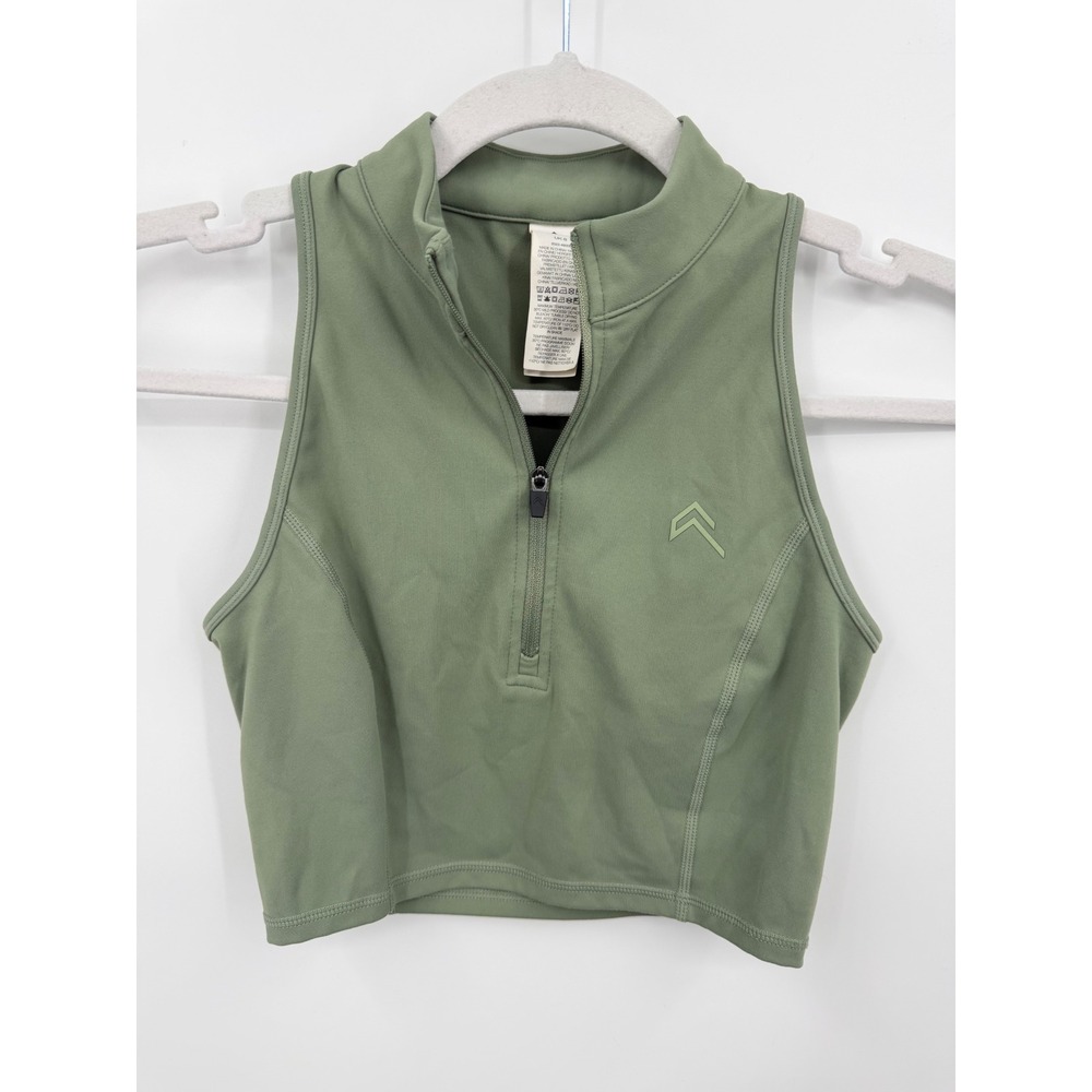 Oner Active Sleeveless Quarter Zip Crop Top Women XS UK S Green Mock Neck Logo